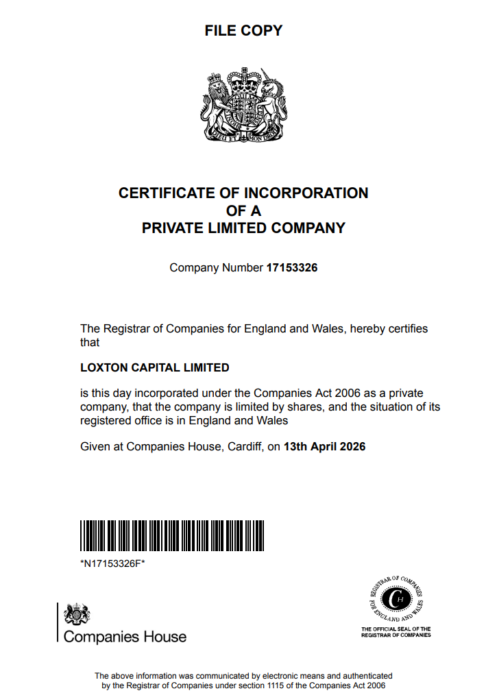 LOXTON CAPITAL LIMITED Company Certificate